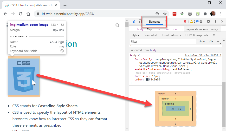 Box model in Dev Tools