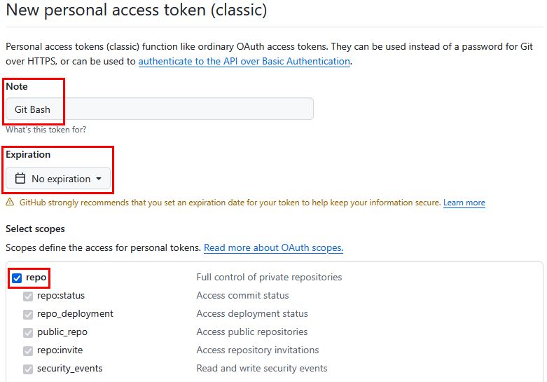 Generate new token: name, expiration and scope